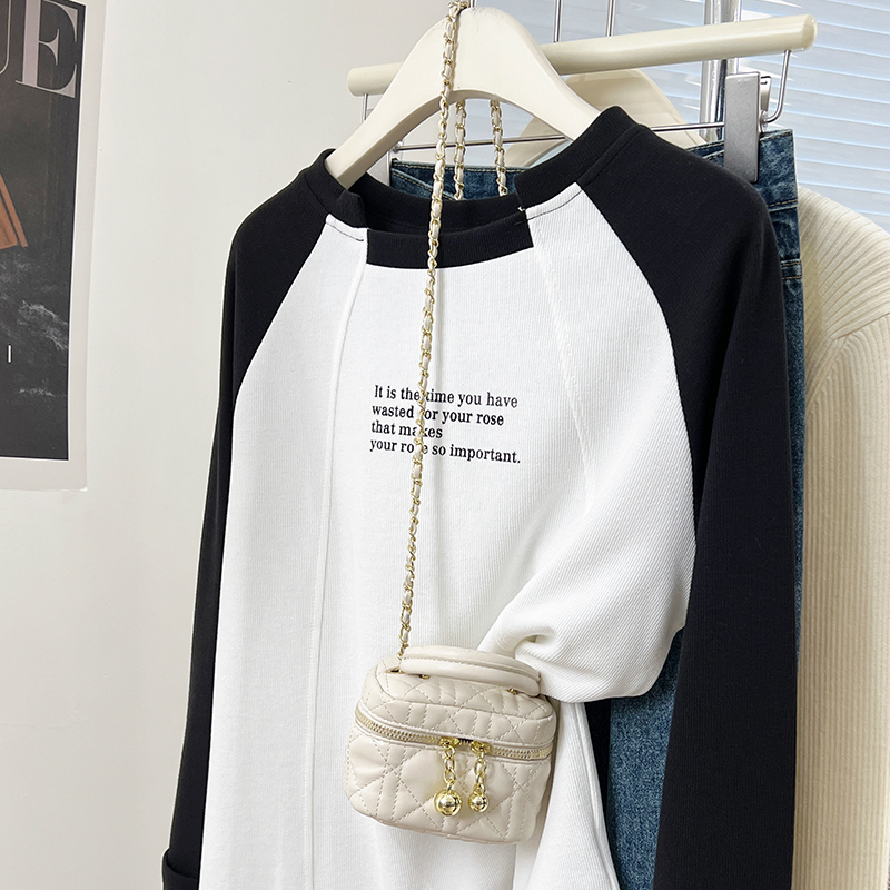 Real shot #American round neck letter raglan sleeves long sleeve t-shirt women's spring and autumn loose bottoming shirt pullover top