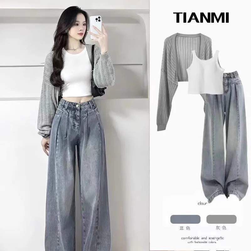 Spring and summer salt-based gentle college style Korean style knitted cardigan top vest denim wide-leg pants three-piece suit for women