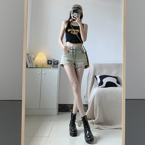 Summer new design hot girl denim shorts women's straight high-waist slim versatile ultra-short hot pants thin section