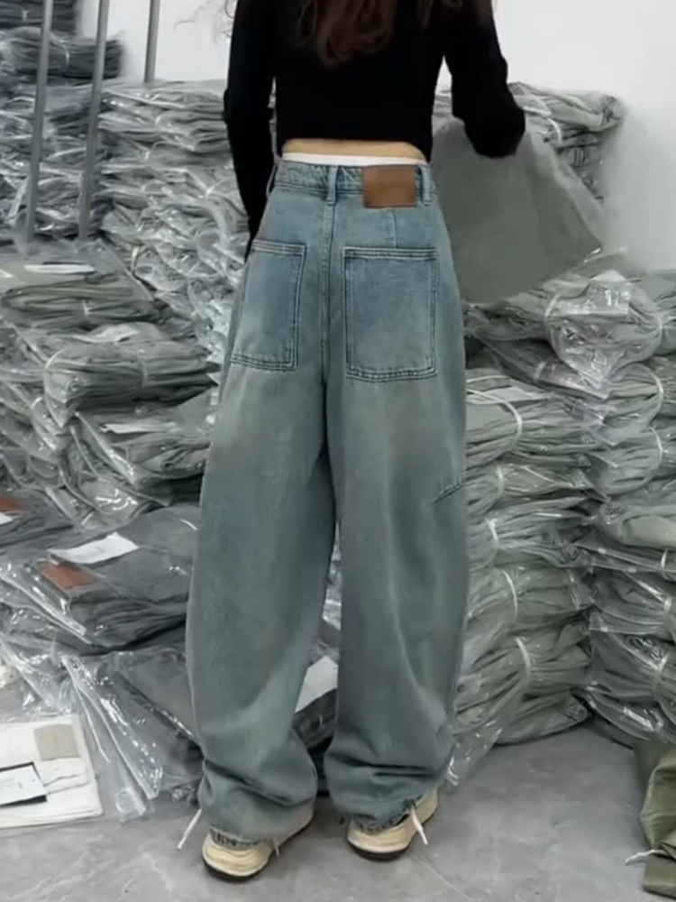 秋季新款梨形微胖大碼牛仔褲女寬鬆直筒褲顯瘦拖地褲
