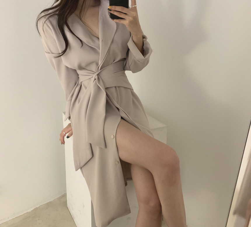 尺寸已更新 chic 極簡主義單排扣綁帶長袖連衣裙女
