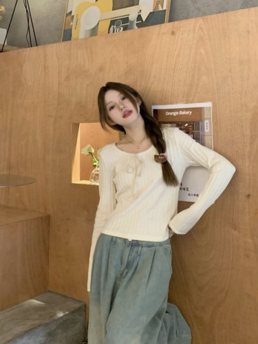 Photographed Embroidered Knit Butterfly Knot Long-Sleeve High-End Layering Soft Top for Women