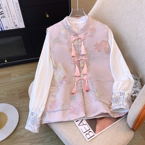 New Chinese style light national style vest top for women autumn 2024 new ethnic style embroidered white shirt two-piece suit