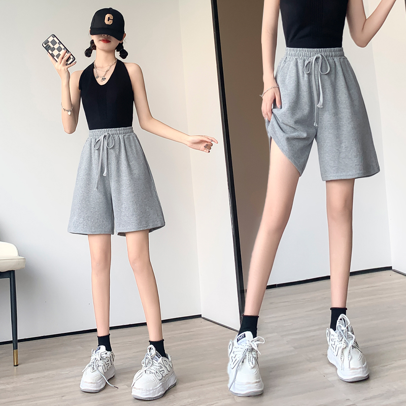 Sports shorts ins high waist drawstring casual wide leg straight loose summer plus size women's 2 fat MM 30 pounds