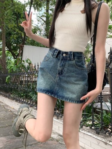 American large size distressed retro denim skirt for women summer high-waist hottie A-line anti-exposure hip-covering shorts skirt