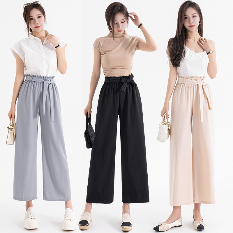 Straight bud casual pants, chiffon wide-leg pants for female students, Korean style high-waisted, loose, slim and drapey nine-point pants