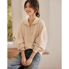 2024 Zipper Collar Design Women's Autumn New Retro Loose Drop Shoulder Slimming Casual Top