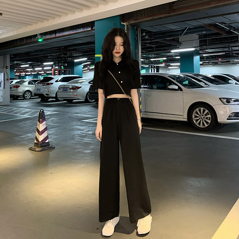Retro high-waisted two-piece set, new loose large size fat mm Hong Kong flavor slimming suit