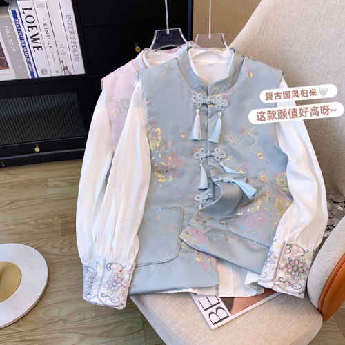 New Chinese style light national style vest top for women autumn 2024 new ethnic style embroidered white shirt two-piece suit