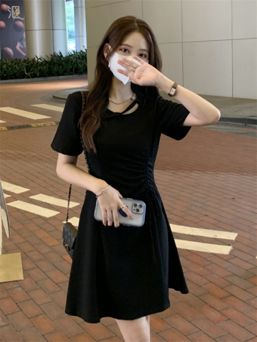 Sweet and spicy short-sleeved dress for women spring and summer 2024 new drawstring waist slimming skirt for women