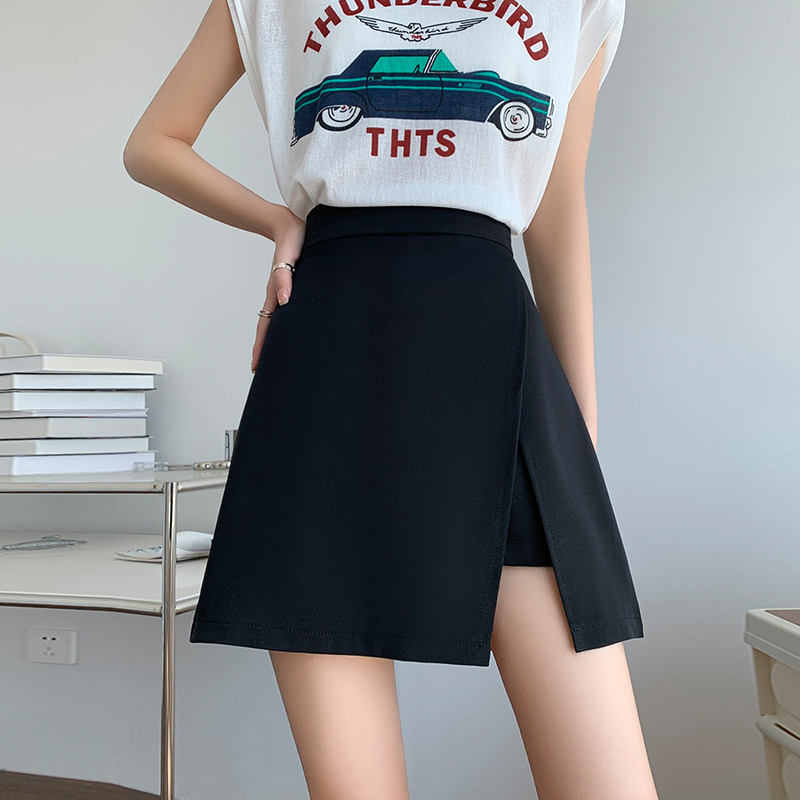 Black slit skirt for women spring and summer new A-line skirt high waist slimming drape mid-length hip skirt