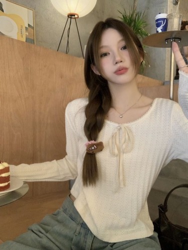 Photographed Embroidered Knit Butterfly Knot Long-Sleeve High-End Layering Soft Top for Women