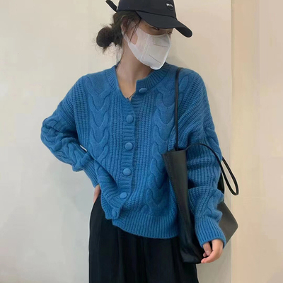 Korean style simple literary thickened twist knitted cardigan early autumn new Korean style soft milk style loose sweater jacket trendy