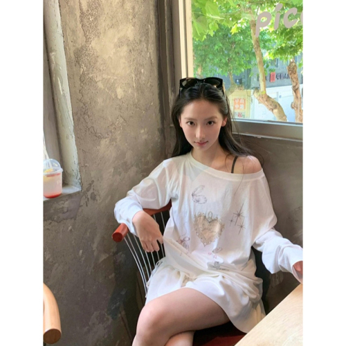 Colored cotton pull-up retro print loose slightly see-through sunscreen blouse long-sleeved top T-shirt for women