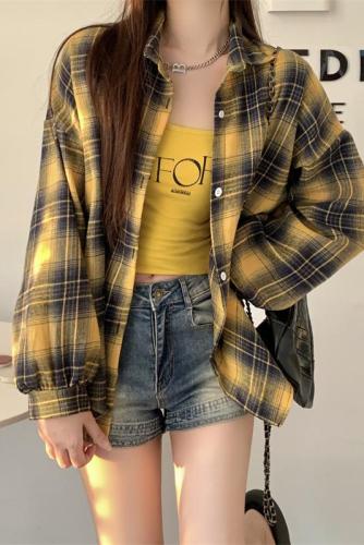 Photographed Yellow Gingham Shirt Autumn New Style Petite Sun Protection Collarless Jacket American Retro Top