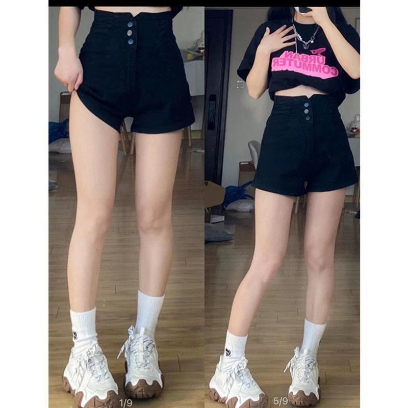Black retro slimming A-line hot pants high-waisted shorts for hot girls in summer with irregular design jeans