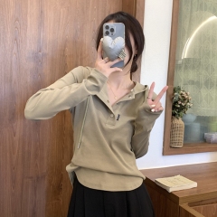 Real shot of autumn and winter Korean style ins style versatile hooded design long-sleeved women's top T-shirt