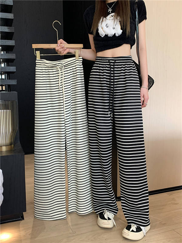 Slim straight wide leg pants high waist striped casual pants for women