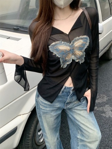 Real shot price French butterfly hottie slit sunscreen long-sleeved T-shirt waist slimming blouse top