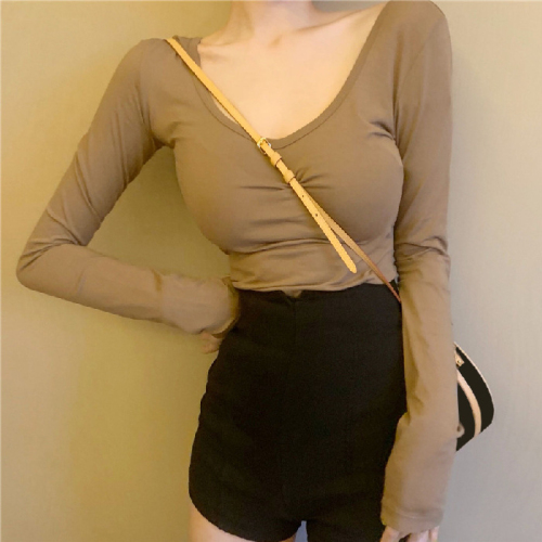 Sexy backless long-sleeved T-shirt for women, versatile design, U-neck solid color bottoming shirt