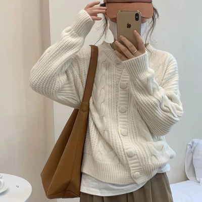 Korean style simple literary thickened twist knitted cardigan early autumn new Korean style soft milk style loose sweater jacket trendy