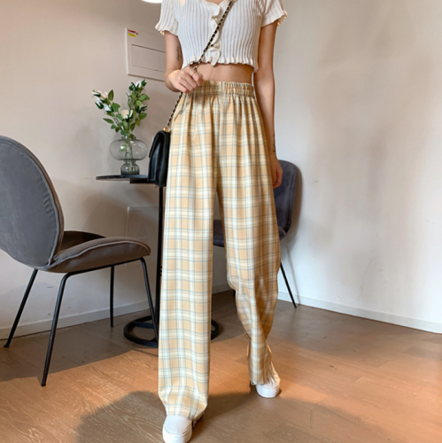 Plaid casual pants for women, spring and autumn Korean style ins trendy slim straight-cut loose and fashionable wide-leg pants