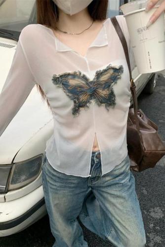 Real shot price French butterfly hottie slit sunscreen long-sleeved T-shirt waist slimming blouse top