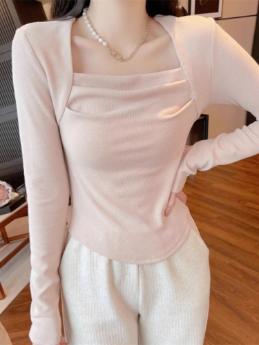 260g free-cut pure desire square collar pleated clavicle slim bottoming shirt top for women spring and autumn long-sleeved T-shirt trendy