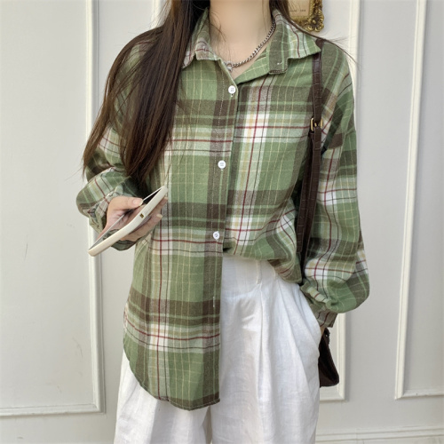 Photographed Yellow Gingham Shirt Autumn New Style Petite Sun Protection Collarless Jacket American Retro Top