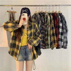 Photographed Yellow Gingham Shirt Autumn New Style Petite Sun Protection Collarless Jacket American Retro Top
