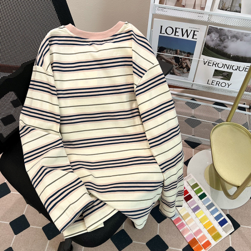 Real shot 230g striped bottoming shirt for women 2024 spring and autumn round neck embroidered long-sleeved T-shirt thin tops plus size women's clothing