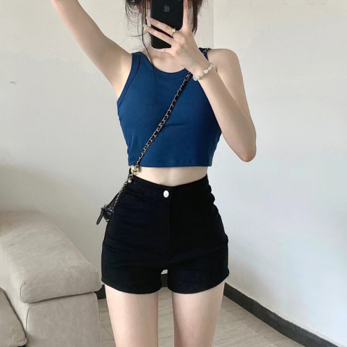 Black tight denim shorts for women in summer, high-waisted and slim, hot girls' butt-covering hot pants, super shorts, spring and autumn outer wear