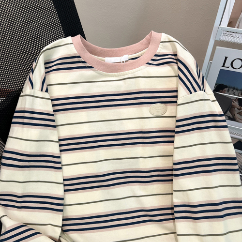 Real shot 230g striped bottoming shirt for women 2024 spring and autumn round neck embroidered long-sleeved T-shirt thin tops plus size women's clothing