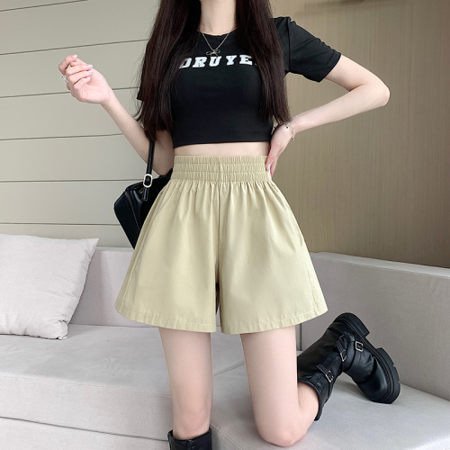 Elastic waist casual pants washed cotton women's summer loose slimming mid-pants wide-leg pants shorts petite pants