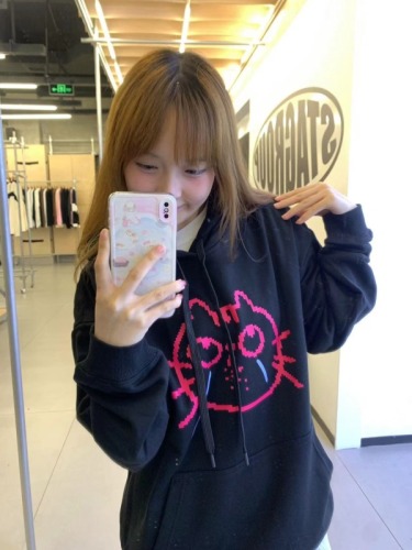 National trend of crying cat illustration printed pure cotton long-sleeved women's 2024 spring and autumn new round neck sweatshirt versatile and trendy