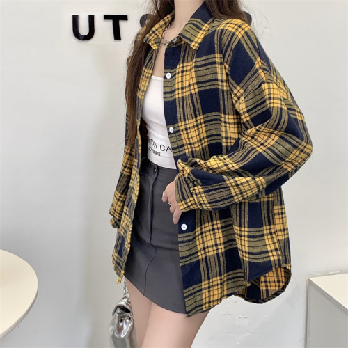 Photographed Yellow Gingham Shirt Autumn New Style Petite Sun Protection Collarless Jacket American Retro Top