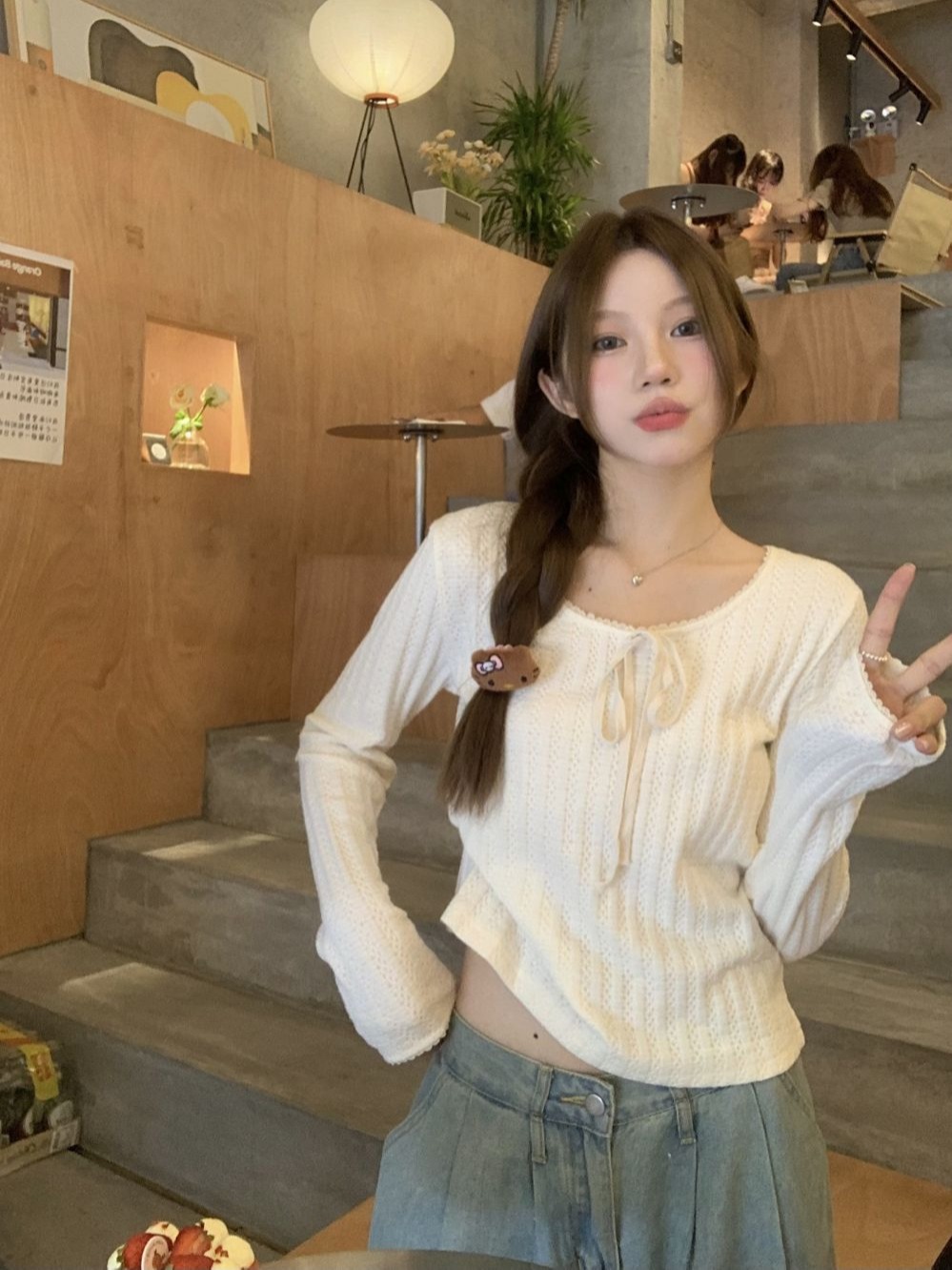 Photographed Embroidered Knit Butterfly Knot Long-Sleeve High-End Layering Soft Top for Women