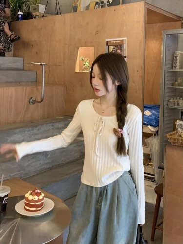 Photographed Embroidered Knit Butterfly Knot Long-Sleeve High-End Layering Soft Top for Women