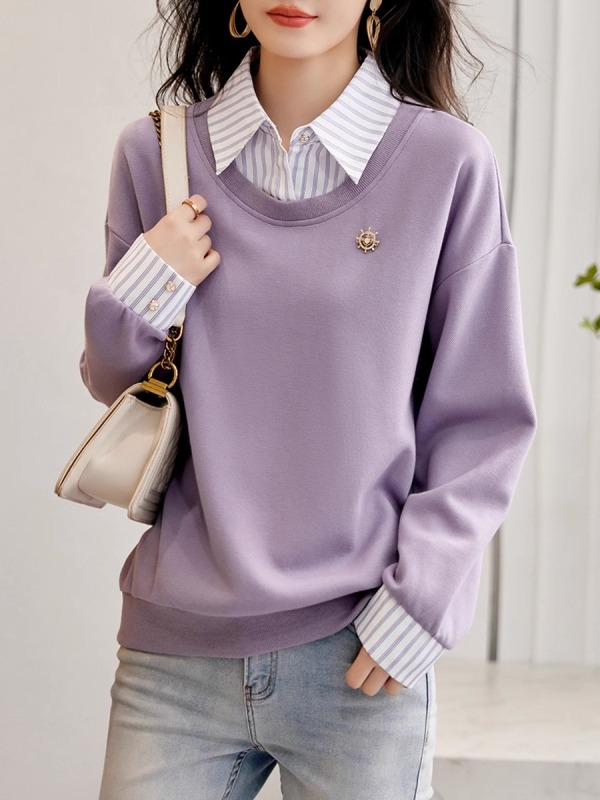 Korean style age-reducing sweatshirt for women 2024 autumn new fashion casual slimming fake two-piece tops for women