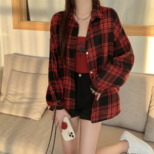 Photographed Yellow Gingham Shirt Autumn New Style Petite Sun Protection Collarless Jacket American Retro Top