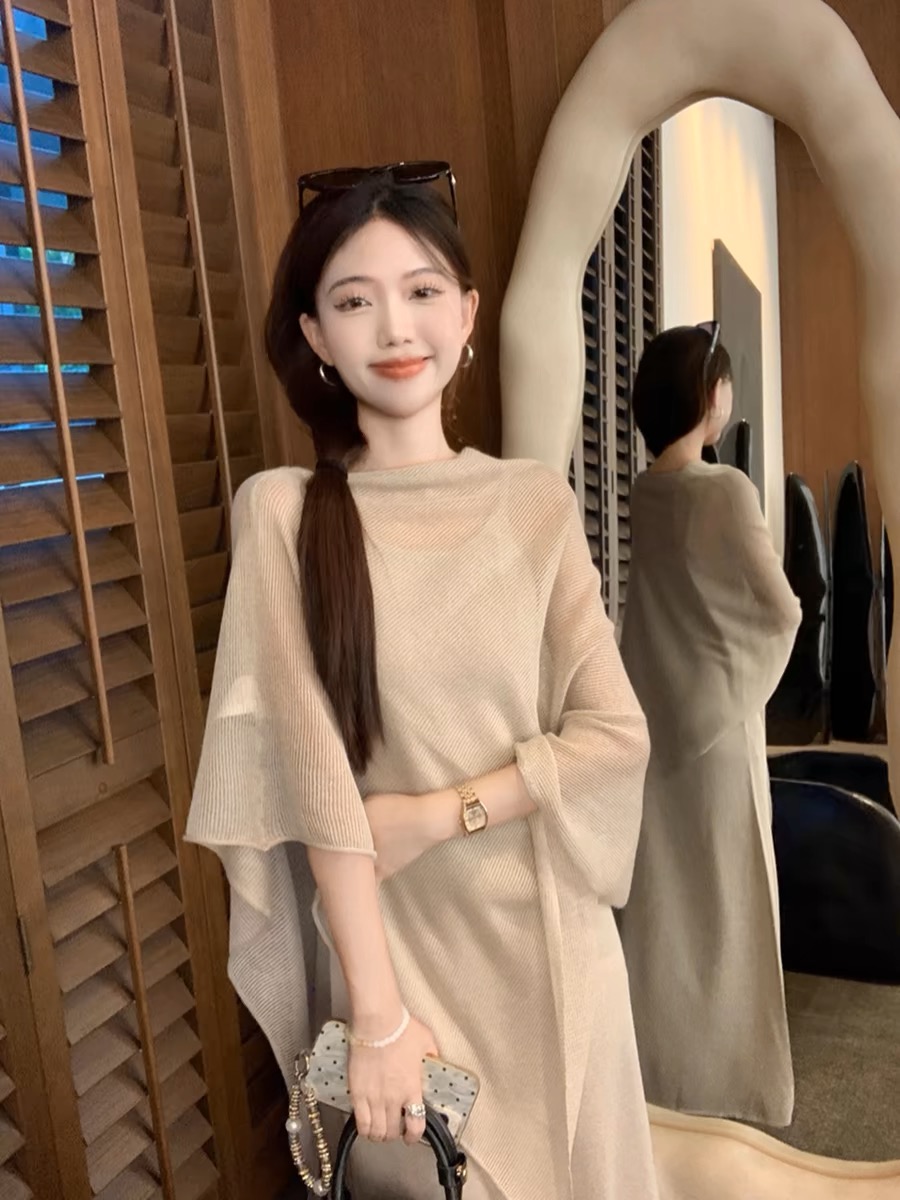 慵懶風不規則微透針織罩衫披肩上衣女裝夏季氣質吊帶連衣裙兩件套