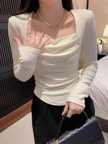 260g free-cut pure desire square collar pleated clavicle slim bottoming shirt top for women spring and autumn long-sleeved T-shirt trendy