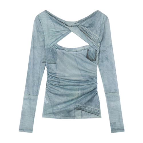 Mesh fabric, temperament and design, niche blue slim long-sleeved T-shirt, one-shoulder denim style top for women