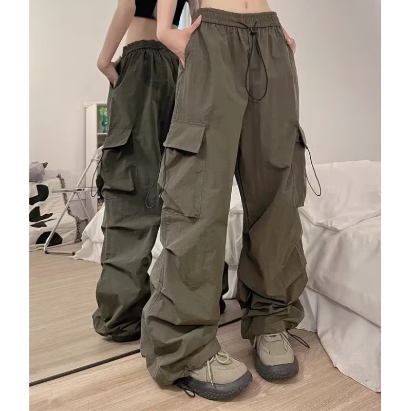 American retro drawstring overalls for women, summer high street trendy brand multi-pocket loose straight straight floor-length wide-leg trousers