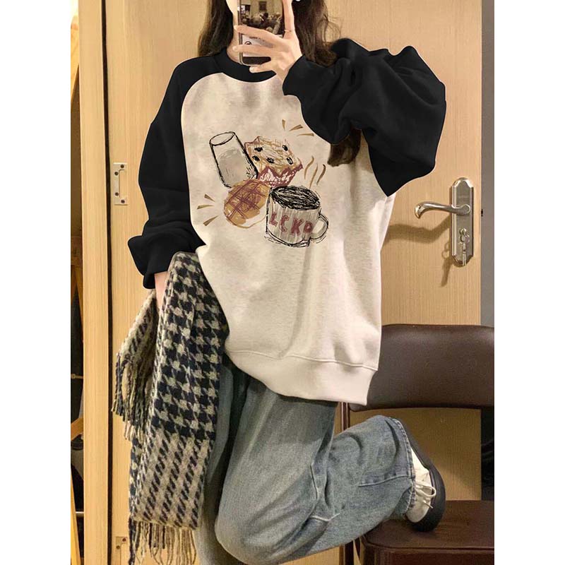 Shi Mao Hua Cotton Composite Milk Silk 300g Super Soft Silver Fox Velvet 400g Front Printed Color Block Sweatshirt for Women