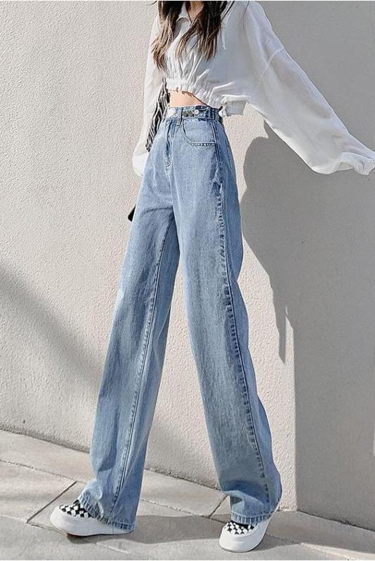 High-waisted straight-leg jeans, loose, new spring, light-colored slimming floor-length wide-leg pants for small people
