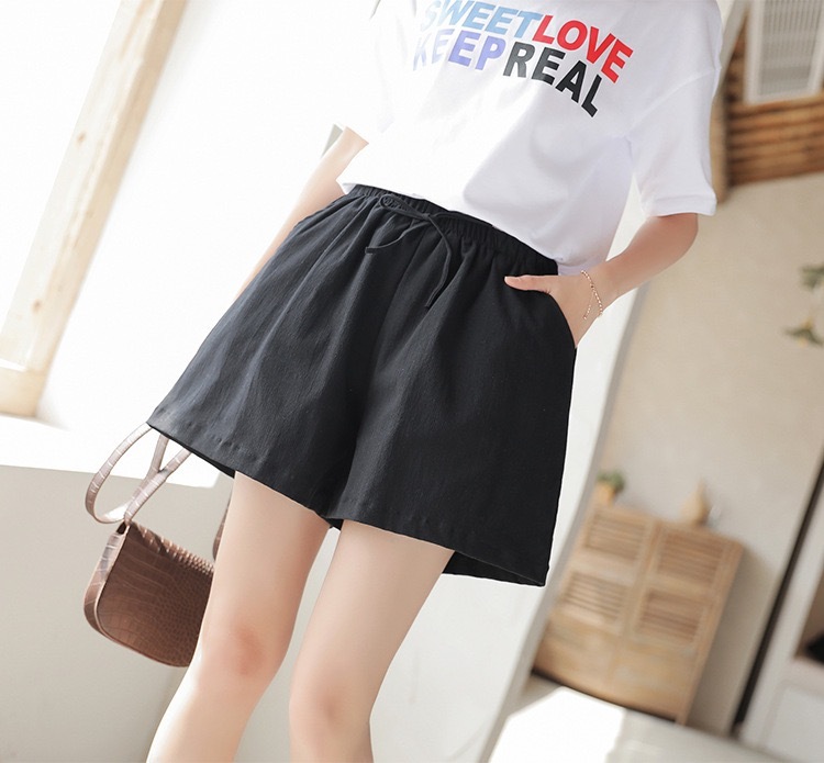 Summer loose linen cotton student sports casual shorts loose solid color retro wide leg pants