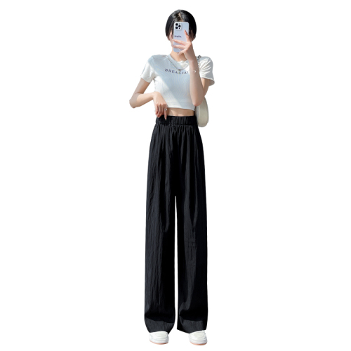 Casual sun protection pants for women summer new style high waisted loose ice silk cotton and linen wide leg pants for women