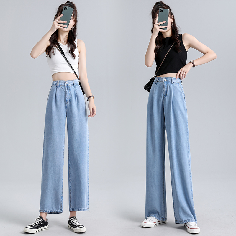 Tencel denim wide-leg pants for women, high-waisted, slim and drapey, new style loose ice silk straight pants
