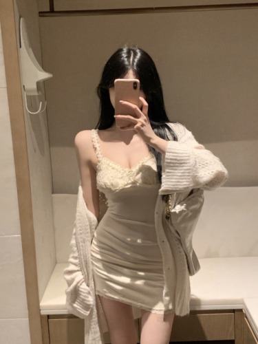 Actual shot of pure lust style hollow loose V-neck sweater cardigan for women with lace splicing design sexy suspender skirt